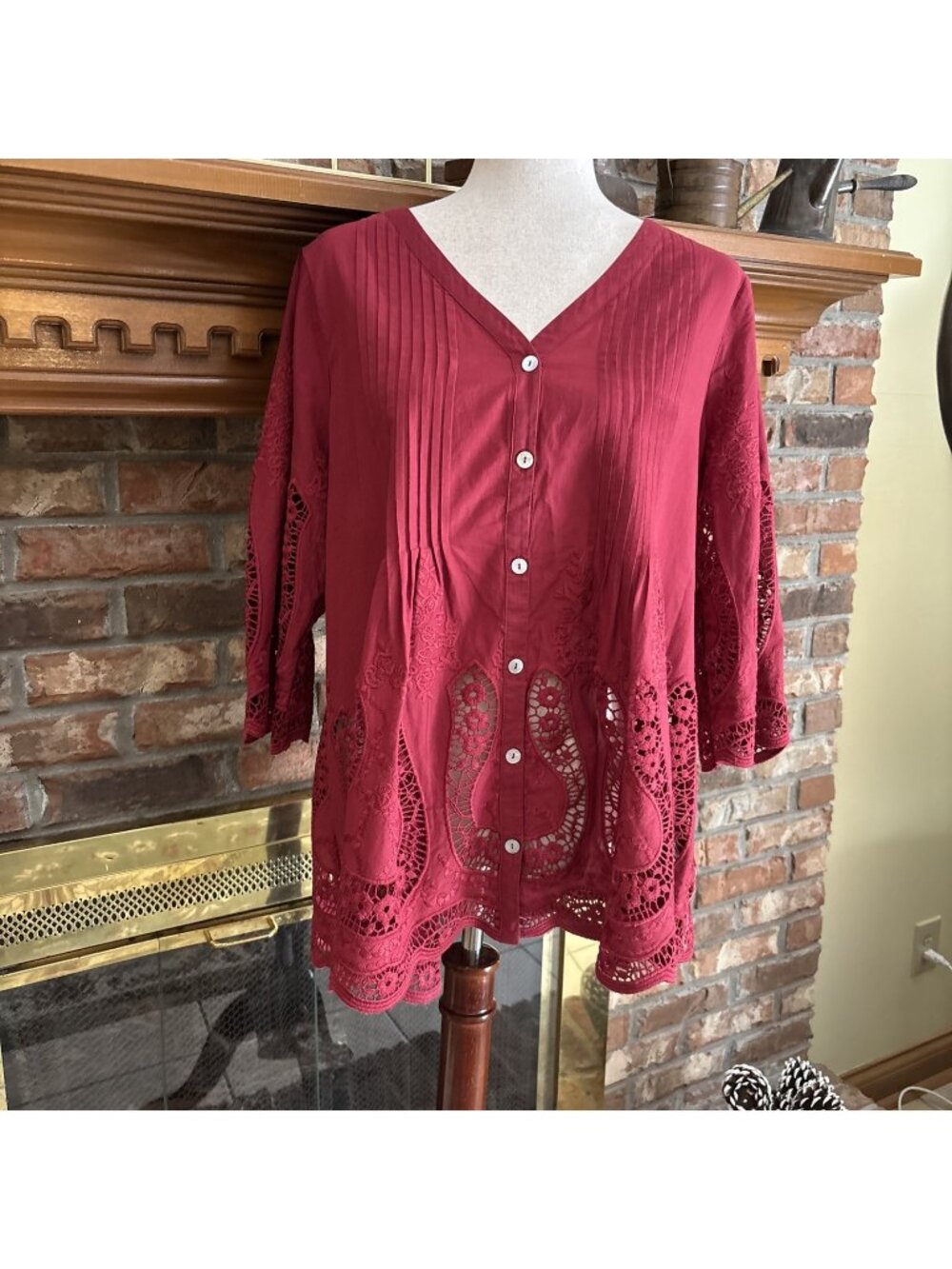 Soft Surrounding Burgundy Crocheted Embroidered Blouse Size Large 100% Cotton